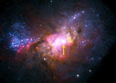 The arrow points to the supermassive black hole in the dwarf galaxy Henize 2-10, located near the Milky Way. The mass of black holes had been thought to be proportional to the mass of the galaxies they are in, but this black hole’s mass is unexpectedly large in comparison to that of its galaxy. (courtesy: X-ray (NASA/CXC/Virginia/A.Reines et al); Radio (NRAO/AUI/NSF); Optical (NASA/STScI))