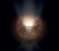Artist’s rendition of a black hole obscured by gas and dust.