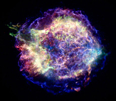 X-ray image of the supernova remnant Cassiopeia A, 330 years after its supernova explosion. X-rays are shown from high-energy to low-energy as blue, green and red. (courtesy: NASA/CXC/UMass Amherst/M.D.Stage et al.)