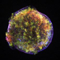 X-ray image of Tycho’s supernova remnant. The purple area seen on the outer rim is a shockwave where high-energy non-thermal particles are accelerated. (courtesy: NASA/CXC/Rutgers/J. Warren & J. Hughes et al.)