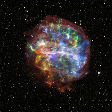 The supernova remnant G292.0+1.8. When its nuclear fusion reaches its limit, a star dies in a big explosion, as gravity destroys its nucleus. Heavy elements released into space at that time become the origin of life. In this remnant, we can see a lot of oxygen. (courtesy: X-ray: NASA/CXC/Penn State/S.Park et al.; Optical: Pal.Obs. DSS)