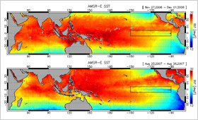 El Niño (top) and La Niña (bottom) captured by the Aqua/AMSR-E. The red parts show higher sea temperatures and the blue parts show lower sea temperatures.