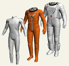 Structure of a next-generation advanced spacesuit. From left, the liquid cooling and ventilation garment, the pressure restraint garment, and the thermal micrometeoroid garment.