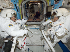 Astronaut Hoshide and his EVA partner, astronaut Sunita Williams (courtesy: JAXA/NASA)