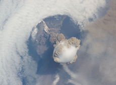 Volcanic eruption in the Kuril Islands viewed from the ISS (Courtesy of NASA/JAXA)