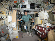 Astronaut Wakata in the Russian Service Module Zvezda (Courtesy of NASA)