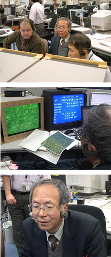 Dr. Asashima conducting microscopic observations on cells during a Dome Gene Experiment at Tsukuba Space Center. 