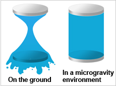 Liquid flows out from between the two disks on the ground, but forms a bridge in space