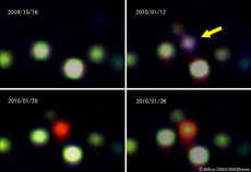 X-ray nova in the constellation Sagittarius. The arrow points to the location where MAXI spotted the nova and tracked it as it formed. MAXI started watching the star a week before it went nova, and followed its transformation. In this series of images, it changes from blue to red as its brightness and radiation energy grows. Coincidentally, you can also see a binary neutron star to the nova’s upper left, which resumed its activities and brightened at the same time as the nova. (*3)