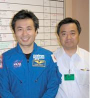 Dr. Hiroshi Ohshima with Astronaut Koichi Wakata, 2 hours after his return from a long-duration space expedition 