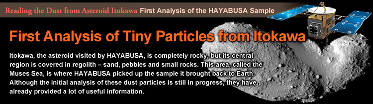 Reading the Dust from Asteroid Itokawa First Analysis of the HAYABUSA Sample First Analysis of Tiny Particles from Itokawa Itokawa, the asteroid visited by HAYABUSA, is completely rocky, but its central region is covered in regolith - sand, pebbles and small rocks. This area, called the Muses Sea, is where HAYABUSA picked up the sample it brought back to Earth. Although the initial analysis of these dust particles is still in progress, they have already provided a lot of useful information.