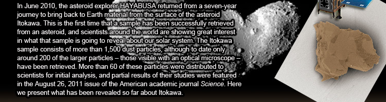 In June 2010, the asteroid explorer HAYABUSA returned from a seven-year journey to bring back to Earth material from the surface of the asteroid Itokawa. This is the first time that a sample has been successfully retrieved from an asteroid, and scientists around the world are showing great interest in what that sample is going to reveal about our solar system. The Itokawa sample consists of more than 1,500 dust particles, although to date only around 200 of the larger particles – those visible with an optical microscope – have been retrieved. More than 60 of these particles were distributed to scientists for initial analysis, and partial results of their studies were featured in the August 26, 2011 issue of the American academic journal Science. Here we present what has been revealed so far about Itokawa.