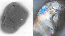 Electron microscope photo (left) and optical microscope photo (right) of the same dust particles from Itokawa