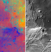 Observation data acquired by MP3 on Chandrayaan-1. A study of the mineral distribution of the Mare Orientale using different wavelengths revealed iron-bearing minerals (appearing in green). (courtesy: NASA/JPL/Brown)