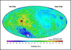 Topographic map of the Moon. The black dot and white dot indicate the highest and lowest elevations on the Moon, respectively.