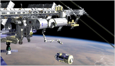 The HTV right before it is captured by the robotic arm of the ISS (Artist's Concept)