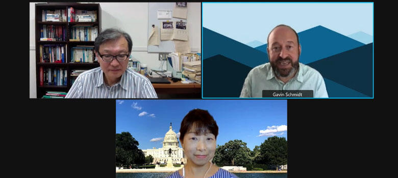 Prof. Tadahiro Hayasaka (Upper left), Dr. Gavin Schmidt (Upper right), and Dr. Masami Onoda, Director of JAXA Washington D.C. Office (Moderator) (Bottom)
