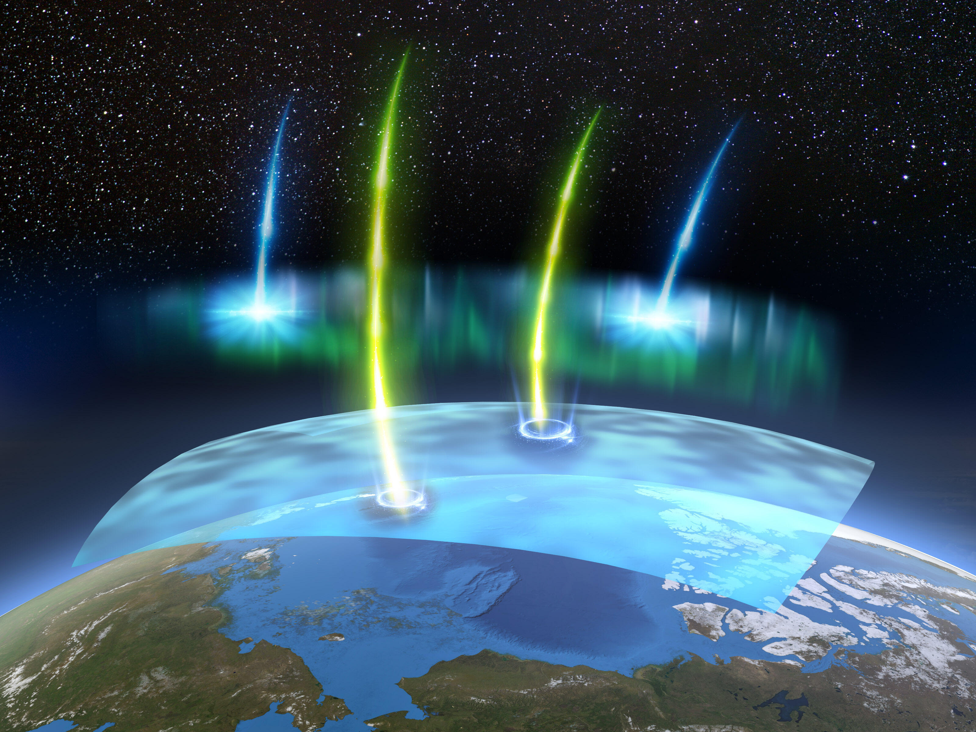 Low-energy (blue) and high-energy (yellow) electrons form during the process that generates the pulsating aurora. The high-energy ‘relativistic’ electrons could cause localized destruction of the ozone. (Credit: PsA project)
