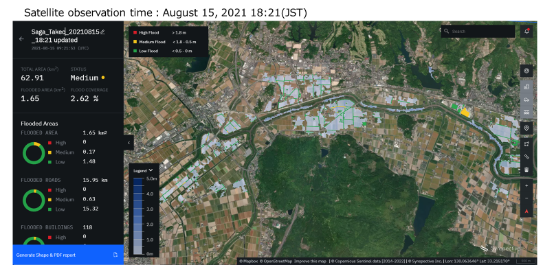  Data analysis/comparison and accuracy verification were carried out using multiple satellite
data and hydrological data of the Rokkaku River targeting the past flood damage (heavy rains in
August 2019 and 2021, Takeo City / Omachi Town area). Initially, the agricultural area was identified as a flooded area; however, after improving the analysis algorithm, only the truly flooded area was detected (light blue colored area in the above figure). ©Synspective Inc.
