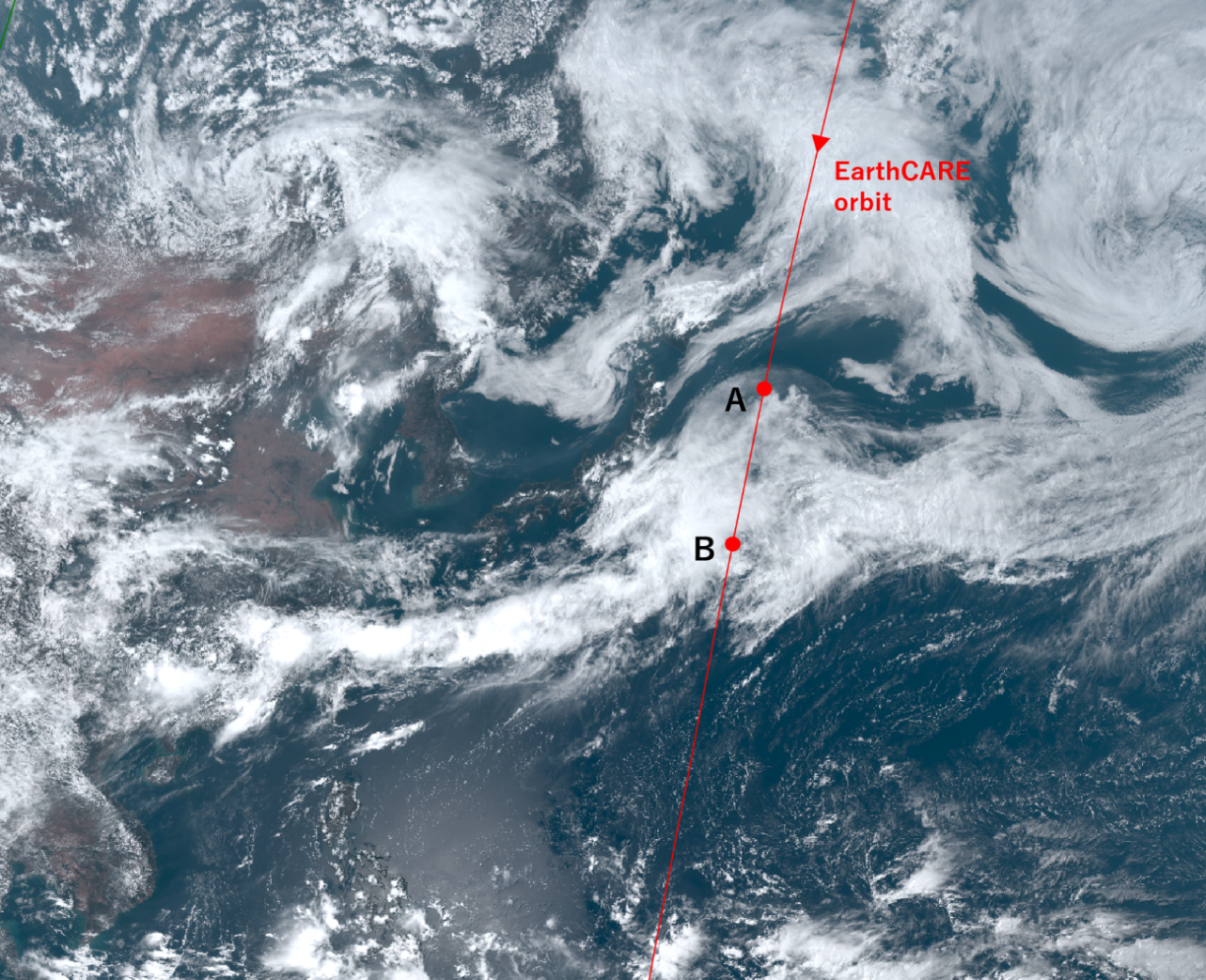 Figure 4: Cloud imagery from the Himawari-9 meteorological satellite with the orbit of the EarthCARE satellite overlaid. Image credit: JAXA/Japan Meteorological Agency.