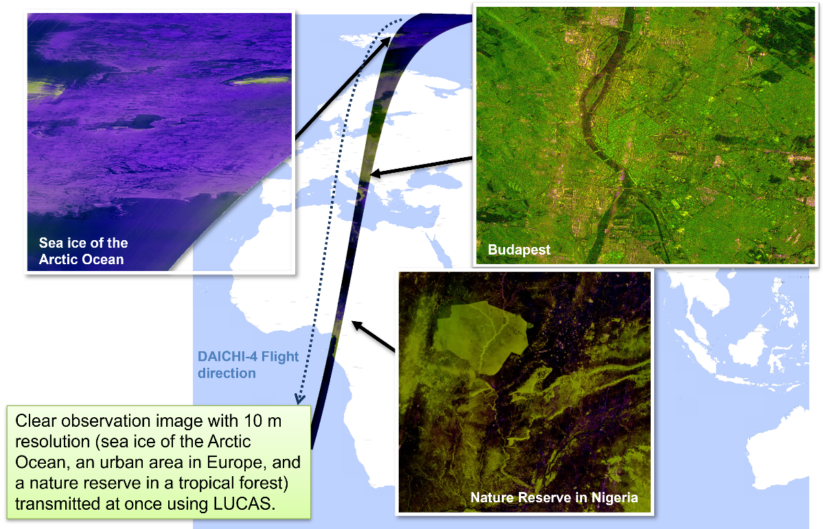 [Figure 1]: Observation image of DAICHI-4 transmitted by LUCAS. Observed in the initial calibration and validation phase. Downlinked a zonal range of observation data at once, successfully acquired a large amount of data immediately, which would typically require division into multiple paths for direct transmission to a ground station. (Above images, processed with pseudo-color, such as the sea ice of the Arctic Ocean are enlarged to highlight a specific portion of observation area).