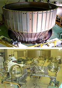 Upper Photo: Structural Thermal Test Model for Main Structure. Lower Photo: Thermal Structural Test Model for Propulsion System "Helium Gas Supply Sub-Module"