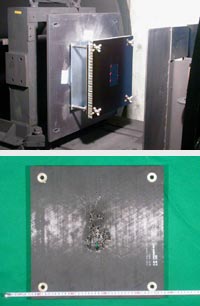Upper Photo:  A mockup for the verification (The thick wall on the right is a solar array panel.)/Lower Photo:A solar panel from the back after the verification.;